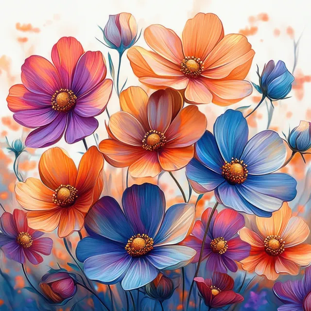 Orange, purple, and blue flowers bloom together against a soft blurred background with visible petal texture.