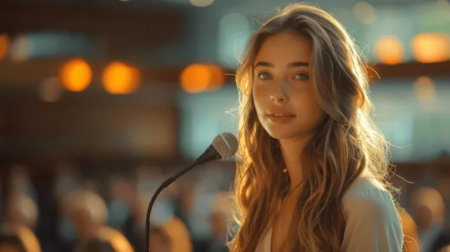 A businesswoman speaks at a conference podium with a microphone as an audience blurs behind her.