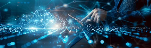 A technician’s hand touches a glowing network overlay above a server room with visible cables and data links.