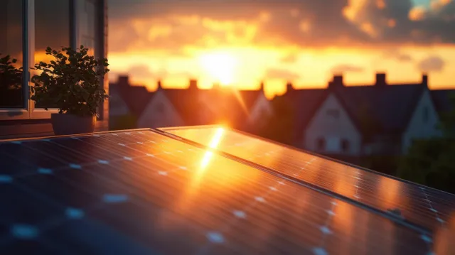 Sunset sun rays reflect across solar panels on a residential rooftop with blurred houses in the background.
