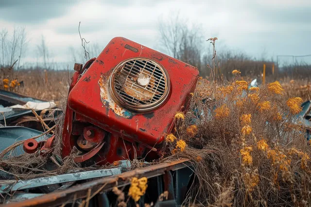 Rusty red engine on abandoned farm machinery surrounded by dry grass and yellow wildflowers