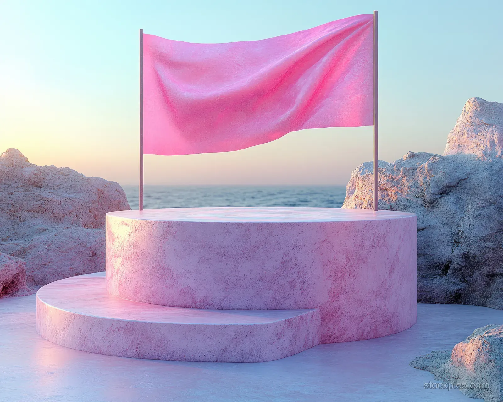A 3D pink flag waves on a round stone pedestal in a misty mountain landscape.