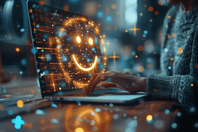 Hands typing on a laptop displaying a satisfaction survey form with a glowing star rating overlay.