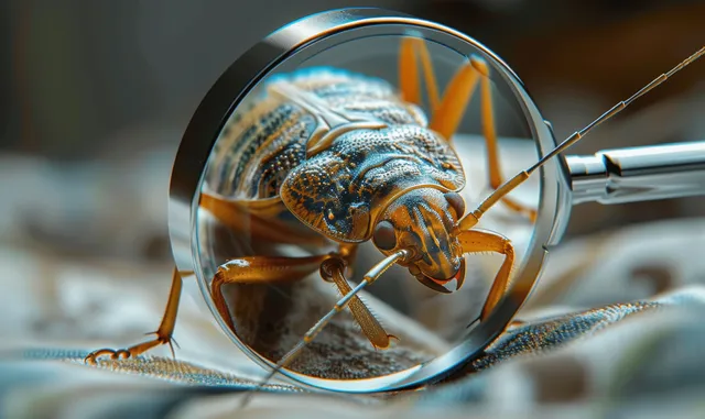 A magnifying glass reveals a bedbug on a dirty bedsheet during careful inspection.