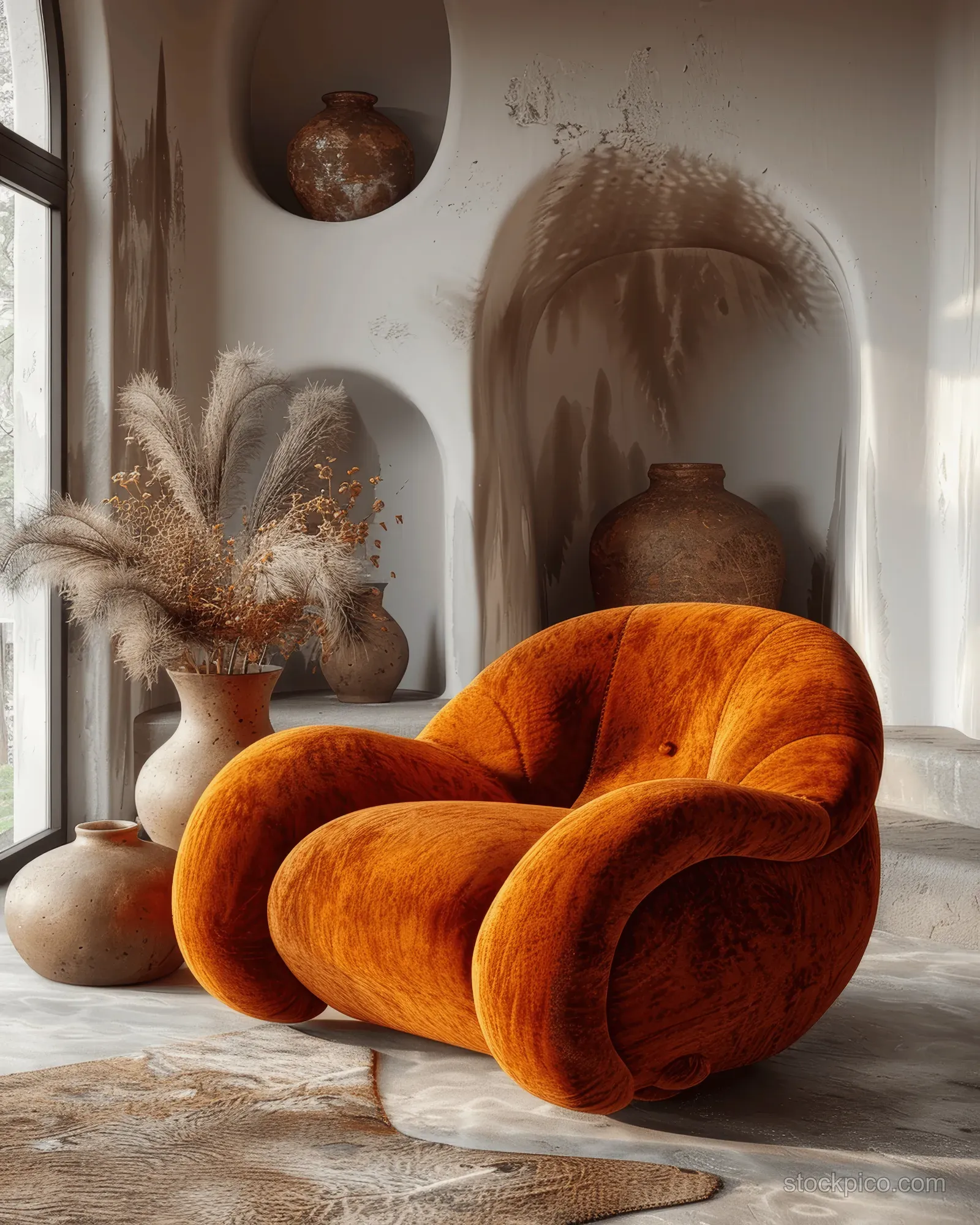 A minimalist modern living room showcases an orange armchair, round ottoman, terracotta vases, and warm lighting on concrete floors.
