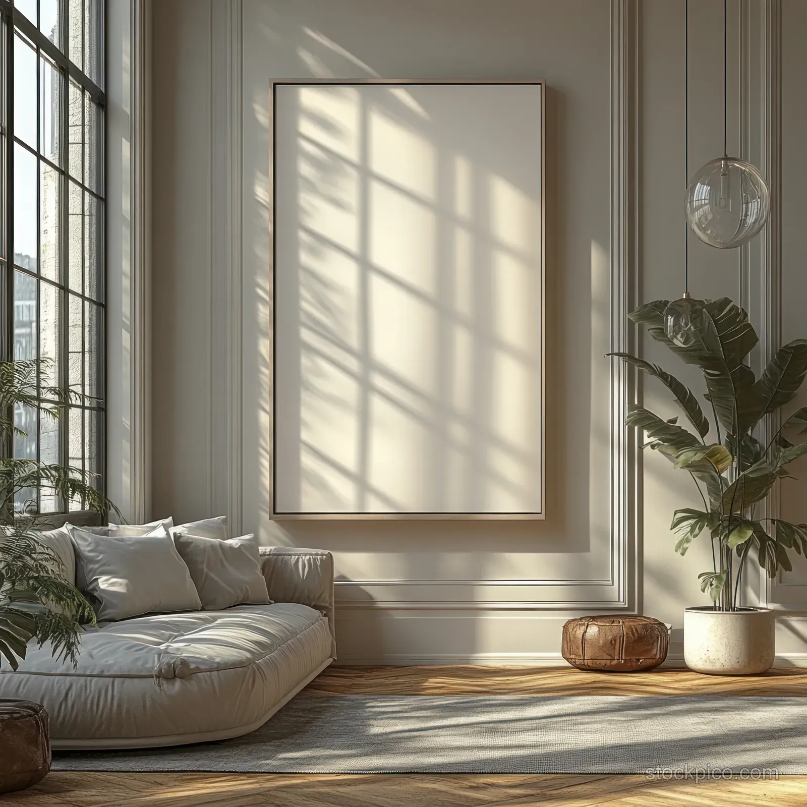 Minimalist room with a blank framed canvas on the wall and sunlight shadows falling across the floor.