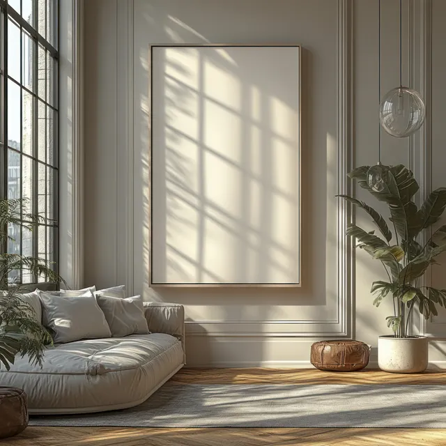 Minimalist living room with blank canvas on wall, soft sunlight casting crisp shadows
