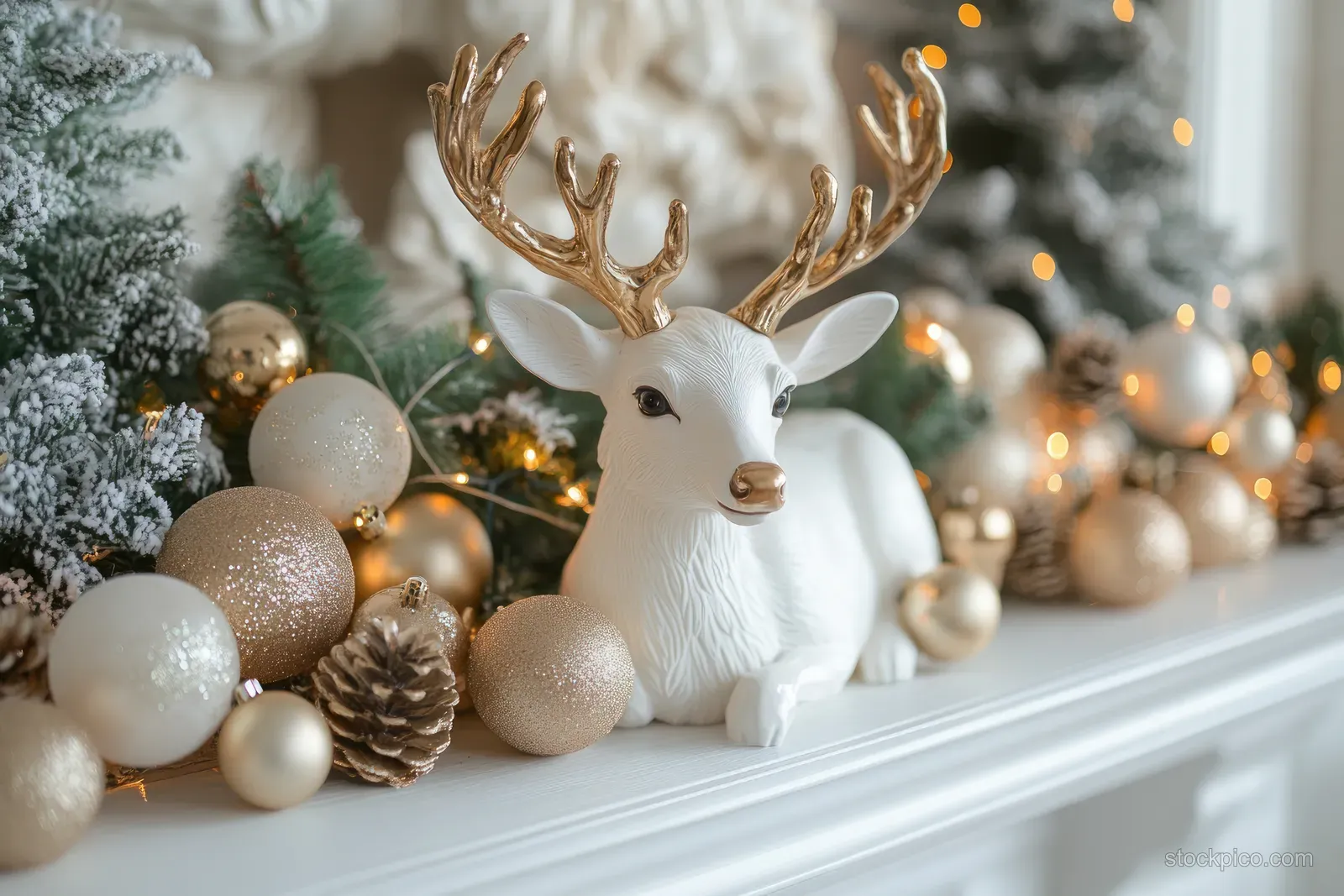 White reindeer figurine on a holiday mantel with gold and green ornaments and warm glowing background lights.