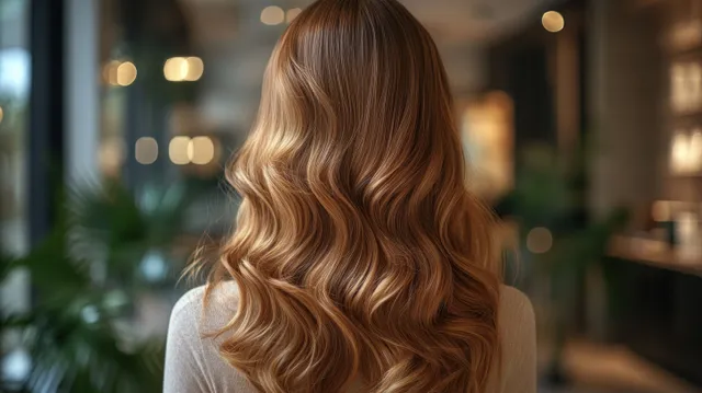 A woman with long wavy blonde hair sits indoors with warm blurred bokeh lights in the background.