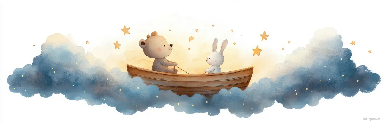 A bear and rabbit in a small wooden boat sail through dreamy blue clouds with star sparkles.