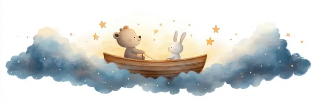 Watercolor bear and rabbit sail a small wooden boat through starry clouds with Children Book Art