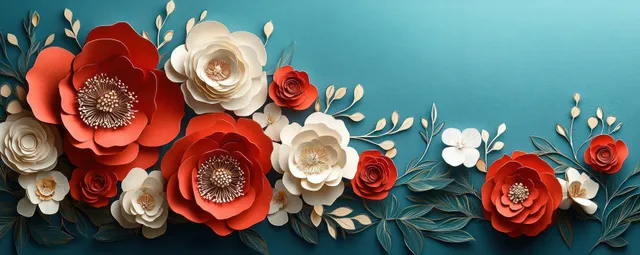 Red, cream, and white handmade paper flowers with green leaves arranged along a teal textured background.