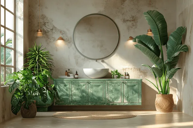 Bathroom interior showing a round mirror, green vanity with a white sink, and potted leafy plants near a window.
