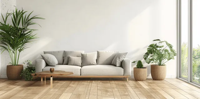 Minimalist living room 3D render with sofa, wooden floor, and bright large window view