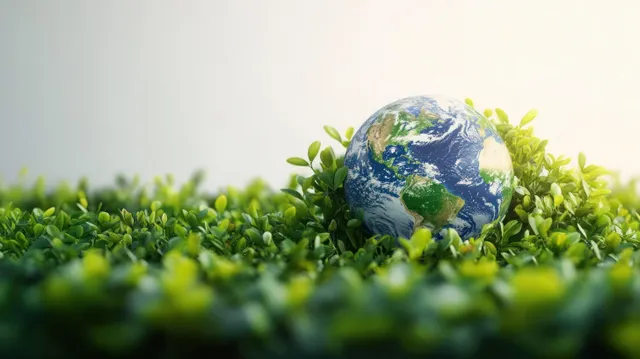 Green Earth globe nestled in fresh grass with tiny leaves sprouting around