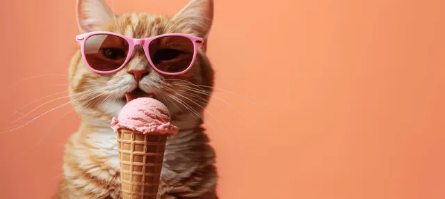 Ginger cat wearing pink sunglasses licks an ice cream cone in a close-up portrait against a peach background.