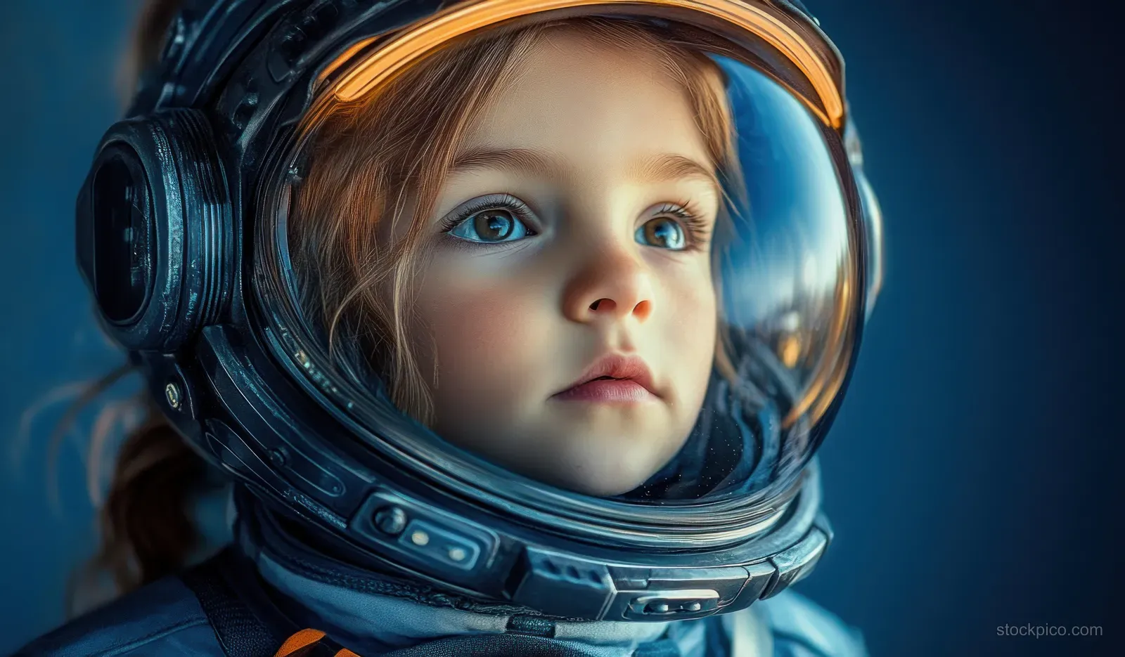 A child looks forward inside a detailed futuristic space helmet with a glowing visor against a dark blue background.