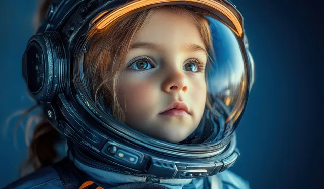 Child in a futuristic space helmet with glowing visor lights against a dark blue backdrop