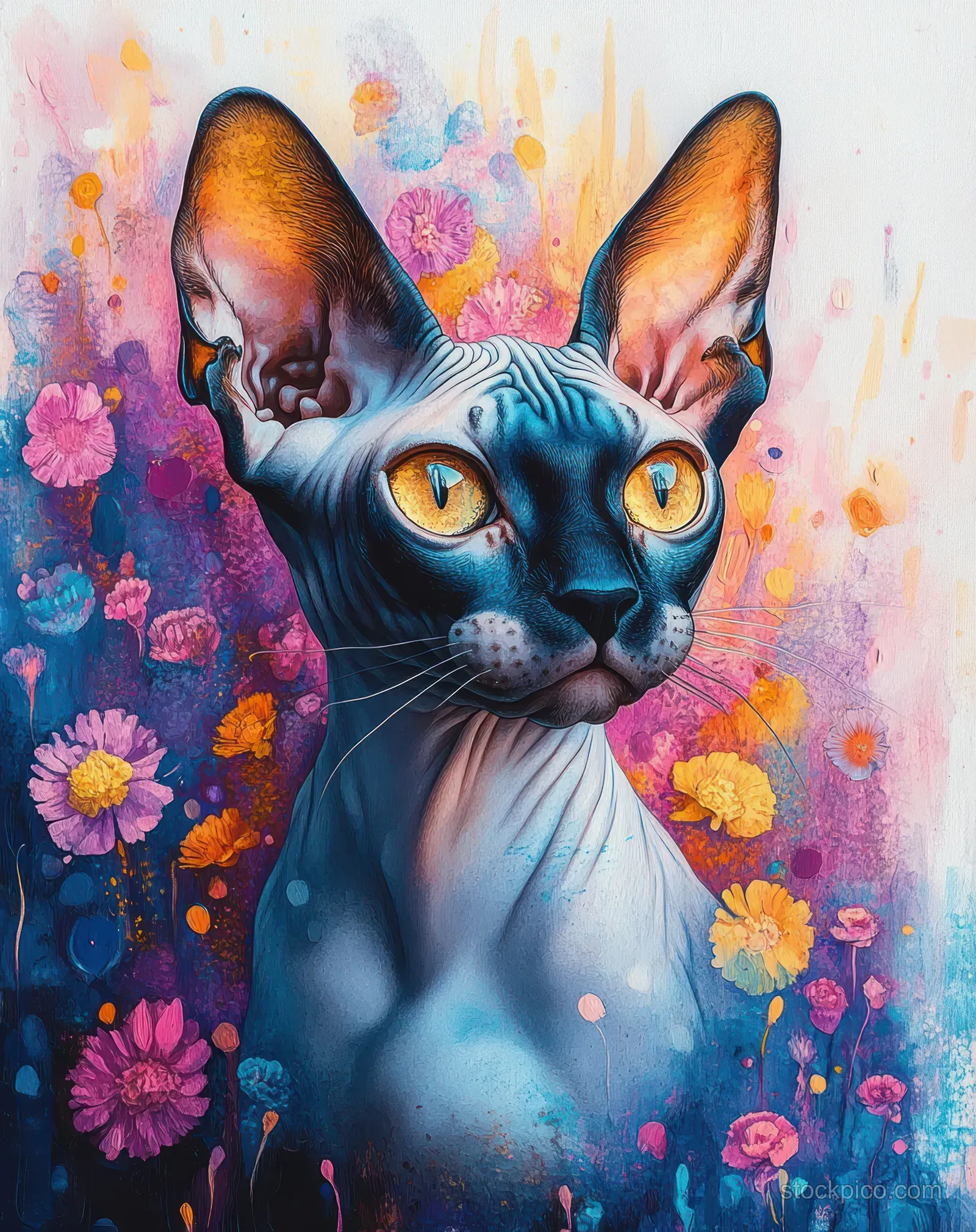 Hairless Sphynx cat with amber eyes framed by vibrant flowers and colorful abstract paint splashes.