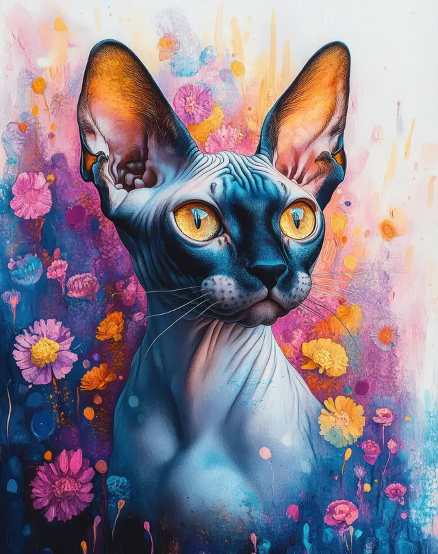 Hairless Sphynx cat with amber eyes framed by vibrant flowers and colorful abstract paint splashes.