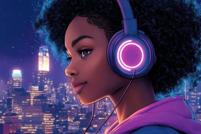 Curly-haired girl in headphones listening to music above neon city skyline at night