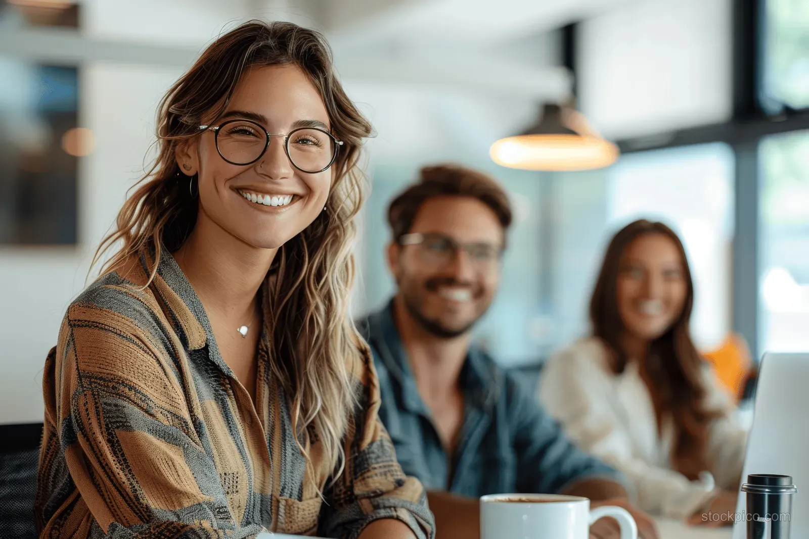 People sit at a modern office table smiling and listening during a meeting, with coffee mugs on the table.