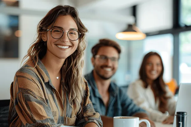 People sit at a modern office table smiling and listening during a meeting, with coffee mugs on the table.