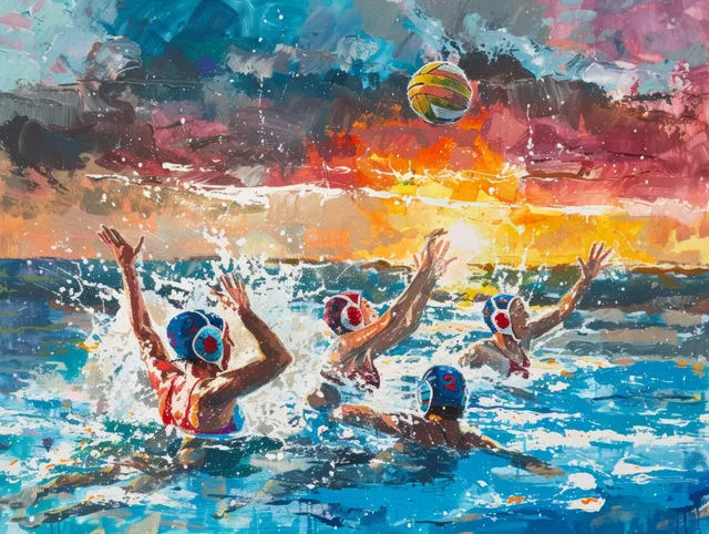 Australian women water polo players leap in churning water while reaching for a ball under a colorful sunset sky.