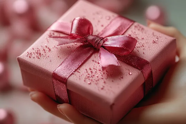 Woman’s hand holds a pink satin gift box with a jeweled red ribbon bow