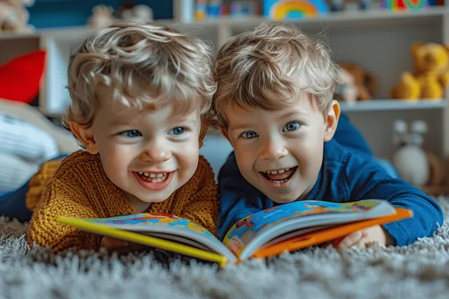 Two boys smiling while reading colorful storybook together on carpet in a cozy bedroom