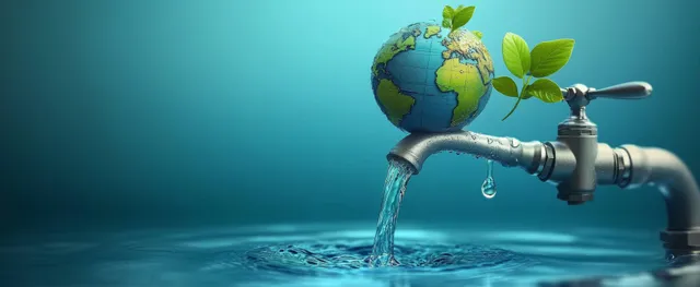 A globe-topped water tap pours flowing droplets over a blue background with a small green leaf.