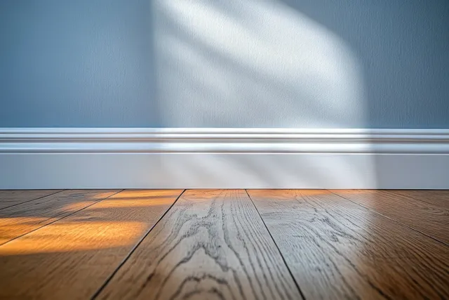 Sunlight beams across smooth wooden floorboards, casting soft shadows beside a blue wall