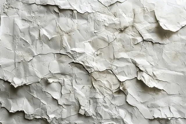 Weathered white concrete wall with cracked plaster peeling and rough textured seams across the surface.