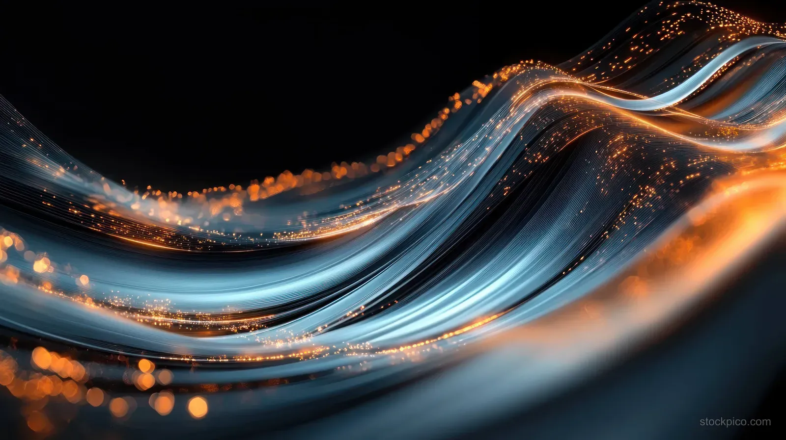 Blue and copper light trails curve through a glowing abstract tunnel against a black background.