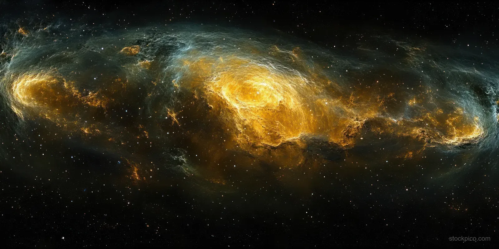 Golden and green nebula glows through deep space starfields in a wide panoramic view.