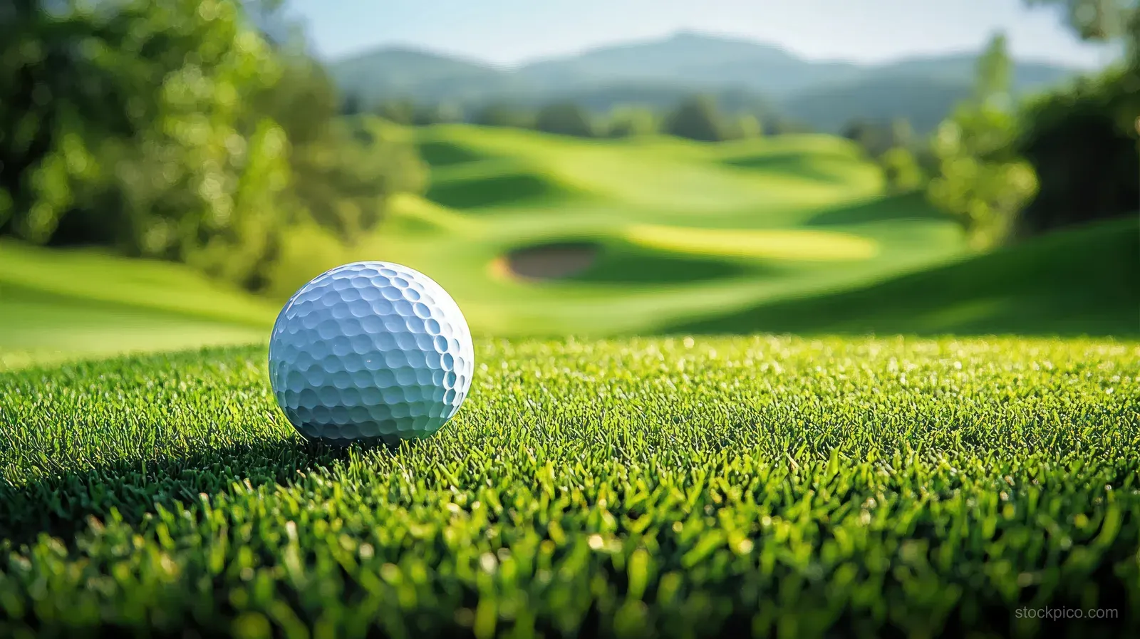 Golf ball sitting on green grass with a blurred fairway and rolling hills in the background.