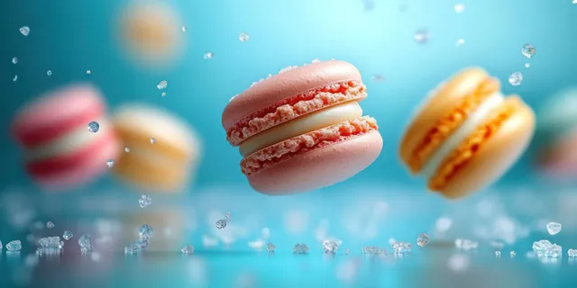 Pink and orange macarons float above a glossy blue surface with scattered sugar crystals.