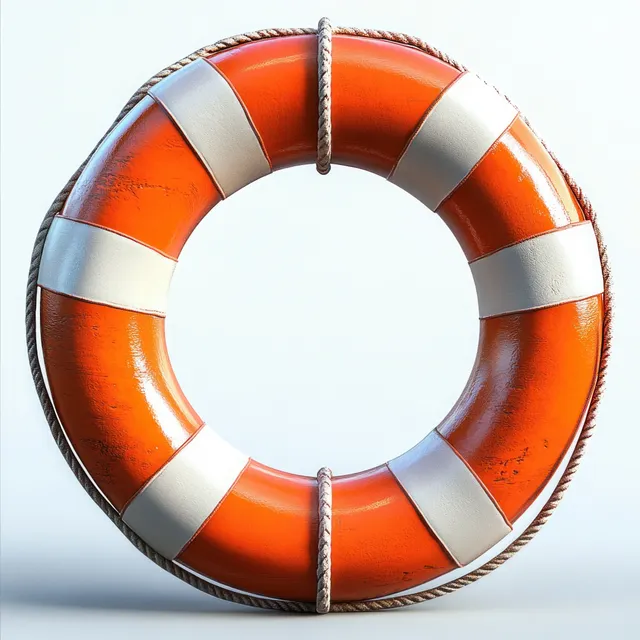 Orange lifebuoy ring with white reflective stripes and attached rope on a plain light background.