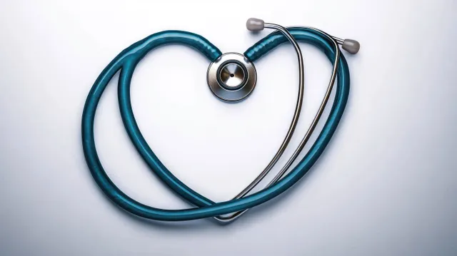 Blue stethoscope formed into a heart on a clean white background, symbolizing caring healthcare with Heart And Cardiology Theme