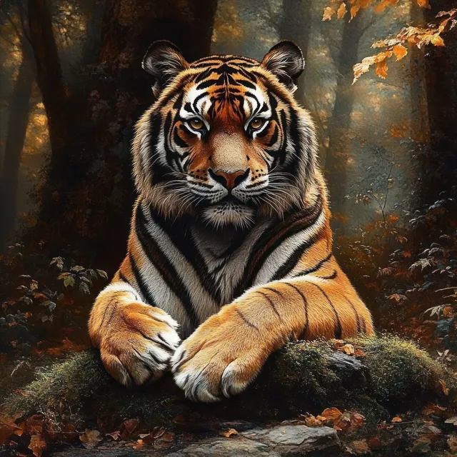 Tiger resting on a mossy rock in an autumn forest, intense eyes and calm posture