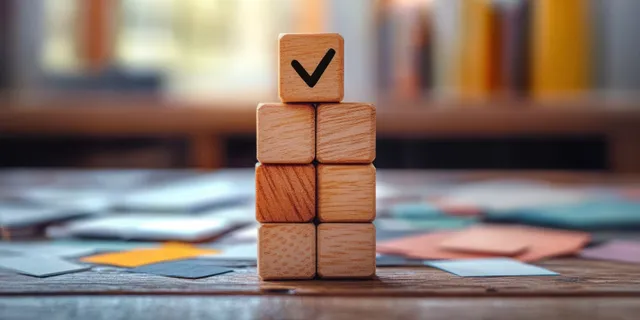 Wooden blocks stacked on a desk with a check mark on top, surrounded by scattered colored papers in soft blur.
