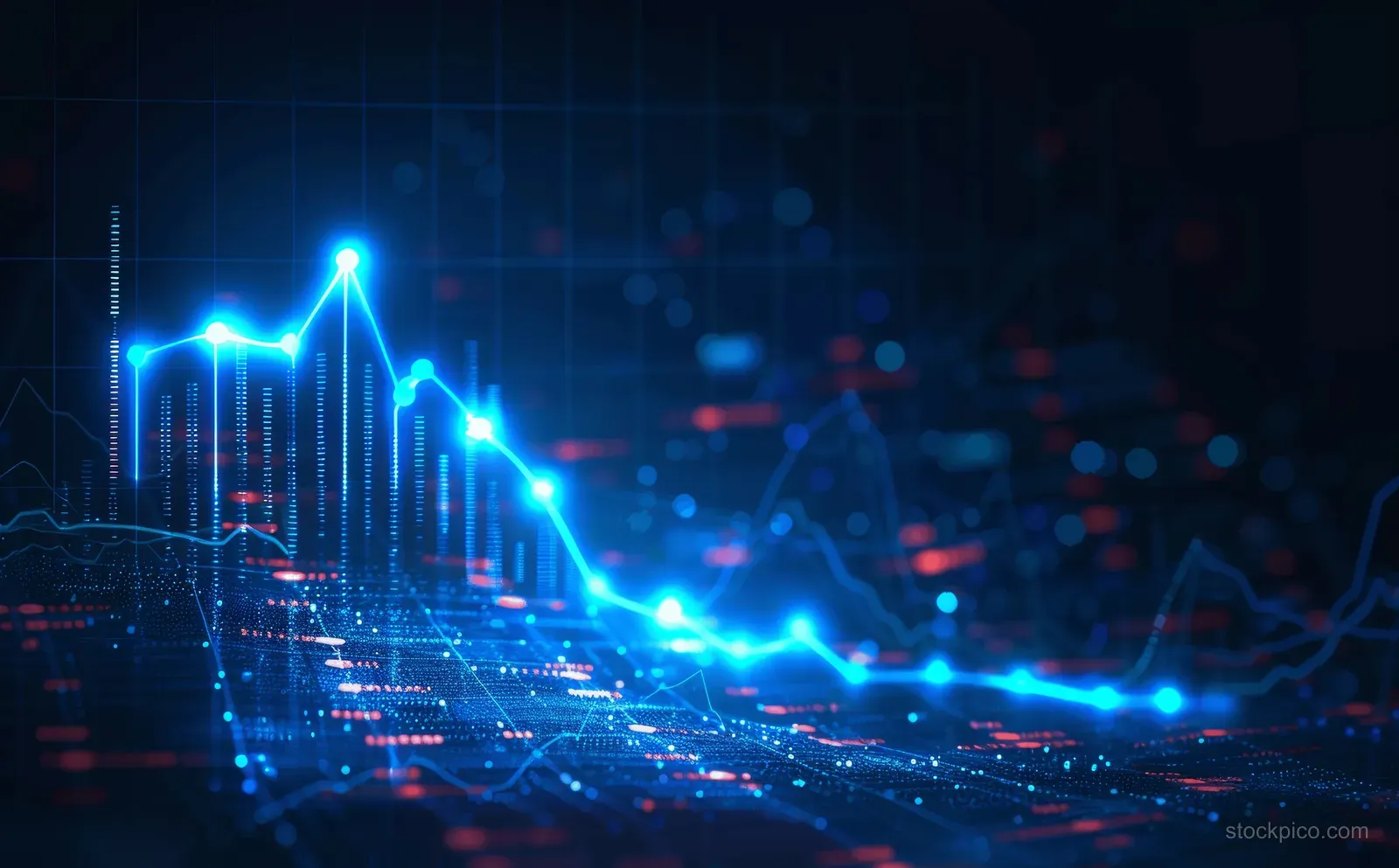 A glowing upward arrow climbs a futuristic growth chart over a blue stock market data background.
