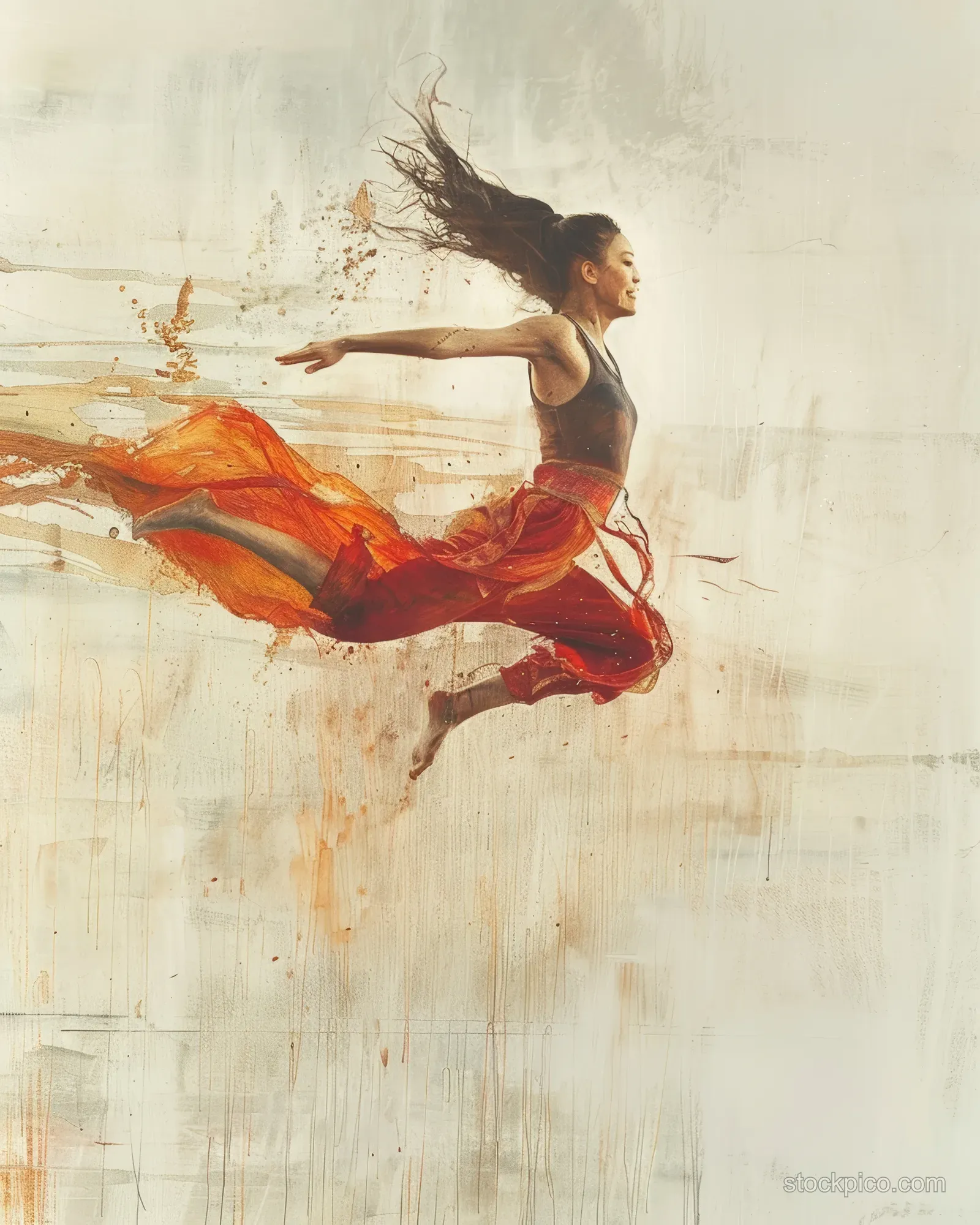 A Chinese gymnast flies midair on a trampoline, surrounded by flowing red fabric and warm paint haze.