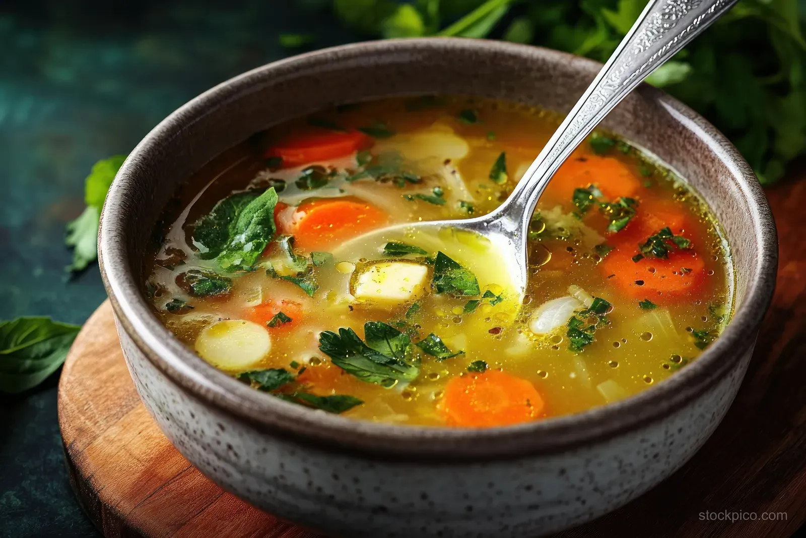 A bowl of vegetable soup with carrot slices and chopped herbs sits on a wooden board with a silver spoon inside.