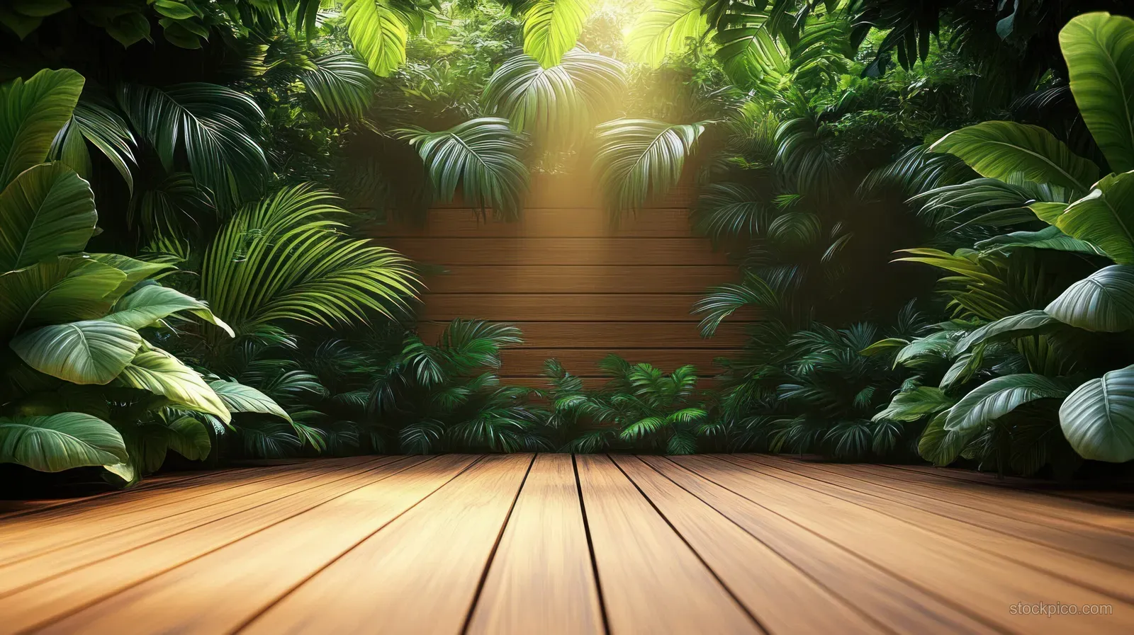 Sunlit wooden deck in a tropical garden, surrounded by large green leaves and soft leaf shadows.