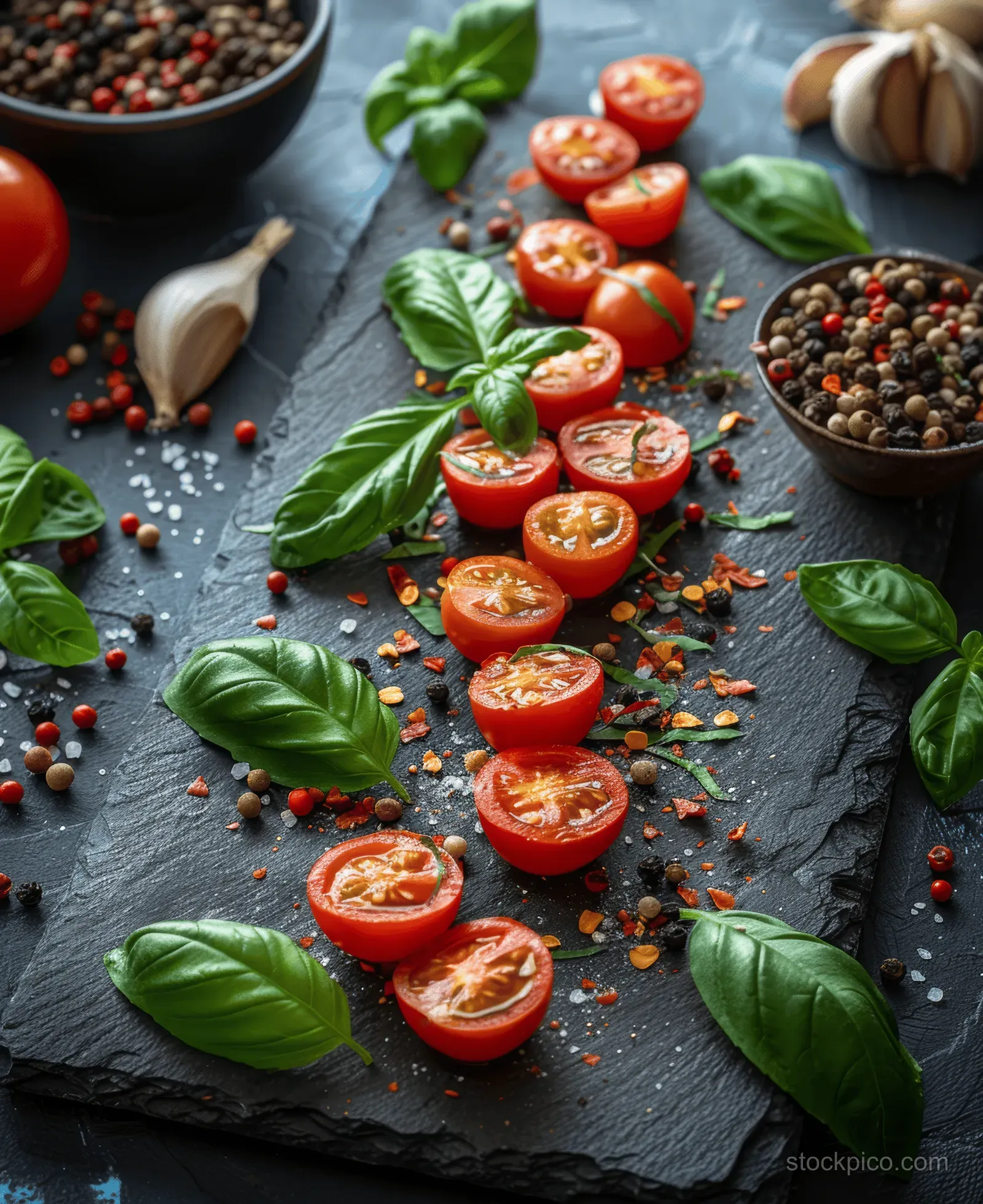Empty dark slate board for menu layout with tomatoes, basil, garlic, and scattered spices on a top view.