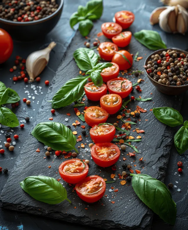 Empty slate board with fresh Italian ingredients, herbs and spices arranged for menu layout