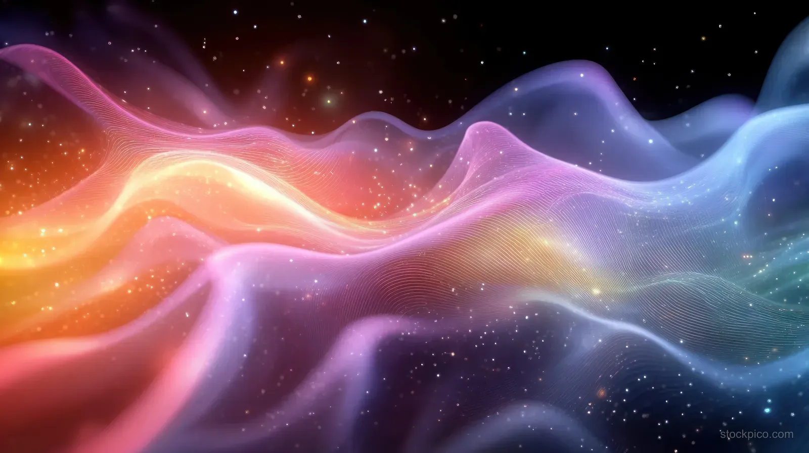 A glowing wave-like mesh with bright stardust particles swirls across a colorful cosmic nebula background.