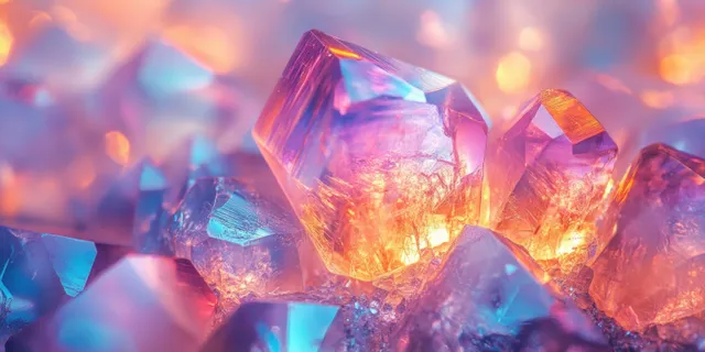 Faceted purple crystals glow with warm orange light amid blurred crystal pieces in the background.