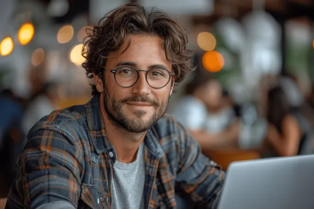 Smiling businessman working on laptop in modern office, team blurred behind